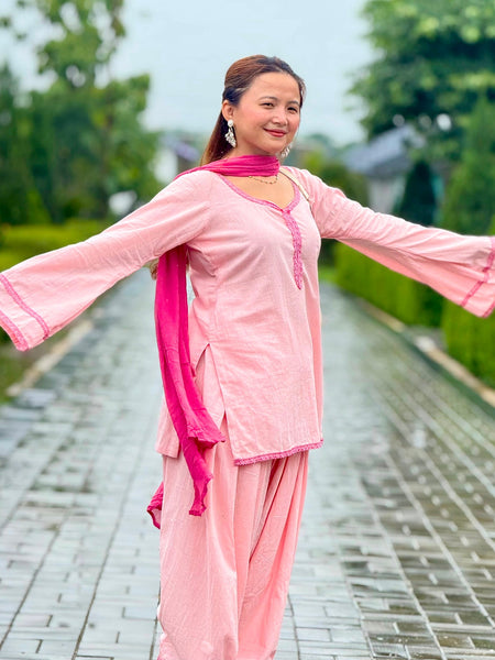 Gulmohar Pink Cotton Flared Sleeve Kurta Palazzo Suit Set with Dupatta