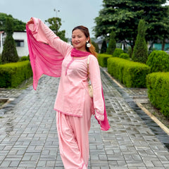 Gulmohar Pink Cotton Flared Sleeve Kurta Palazzo Suit Set with Dupatta