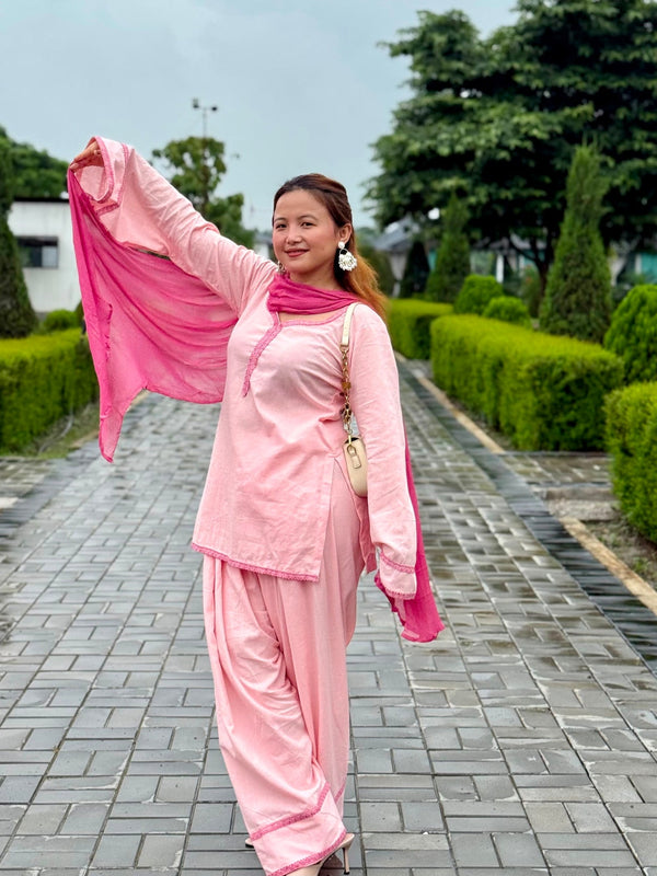 Gulmohar Pink Cotton Flared Sleeve Kurta Palazzo Suit Set with Dupatta