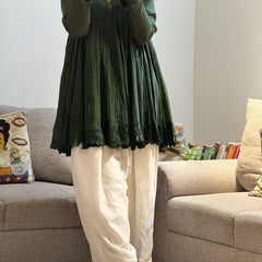 Olive green Mul chanderi embroidered Anarkali with Farshi Salwar
