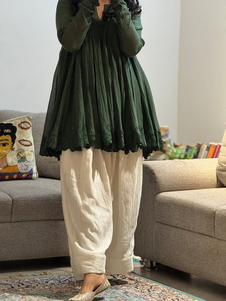 Olive green Mul chanderi embroidered Anarkali with Farshi Salwar