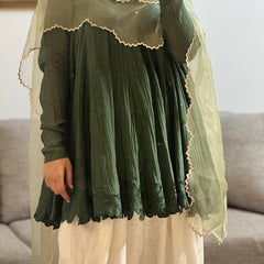 Olive green Mul chanderi embroidered Anarkali with Farshi Salwar