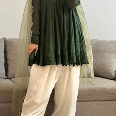 Olive green Mul chanderi embroidered Anarkali with Farshi Salwar