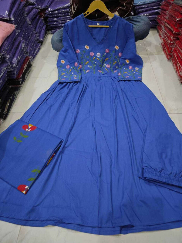 Women Teal Blue Pure Cotton Kurti Pant Dupatta Set