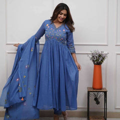 Women Teal Blue Pure Cotton Kurti Pant Dupatta Set