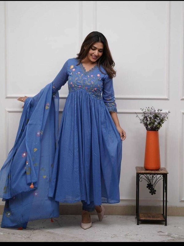 Women Teal Blue Pure Cotton Kurti Pant Dupatta Set