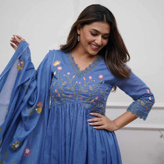 Women Teal Blue Pure Cotton Kurti Pant Dupatta Set