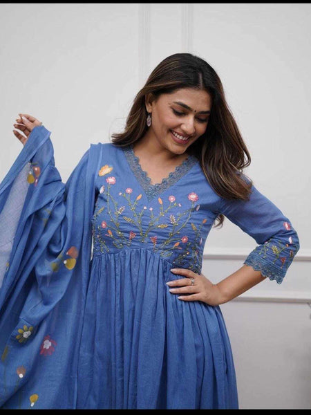 Women Teal Blue Pure Cotton Kurti Pant Dupatta Set