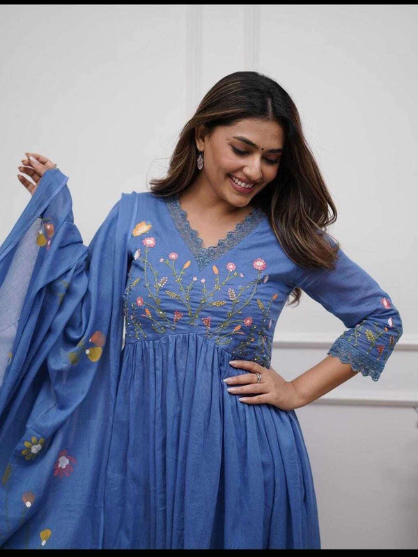 Women Teal Blue Pure Cotton Kurti Pant Dupatta Set