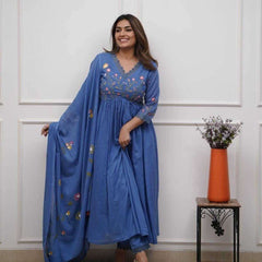 Women Teal Blue Pure Cotton Kurti Pant Dupatta Set