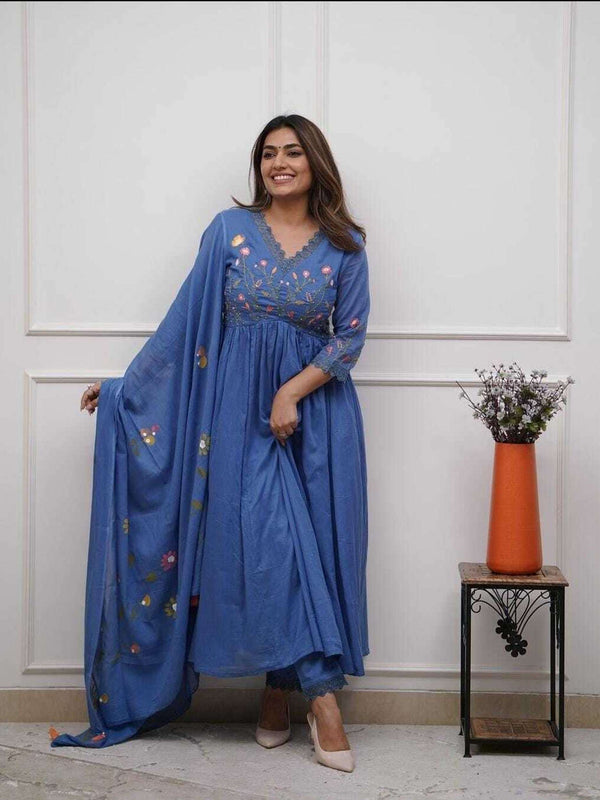 Women Teal Blue Pure Cotton Kurti Pant Dupatta Set