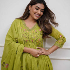 Women's Parrot Green Cotton Anarkali Kurta Pant Dupatta Set