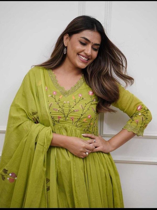 Women's Parrot Green Cotton Anarkali Kurta Pant Dupatta Set