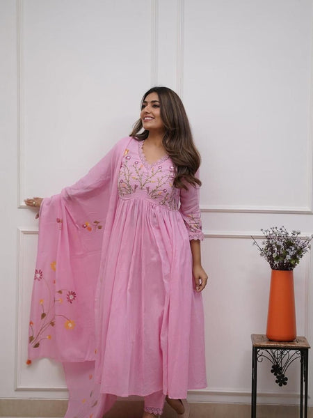Pink Cotton Anarkali Suit Set with Dupatta