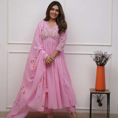 Pink Cotton Anarkali Suit Set with Dupatta
