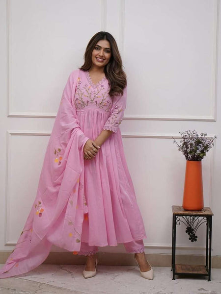 Pink Cotton Anarkali Suit Set with Dupatta
