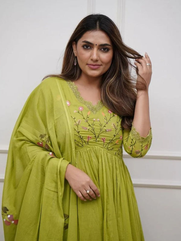Women's Parrot Green Cotton Anarkali Kurta Pant Dupatta Set
