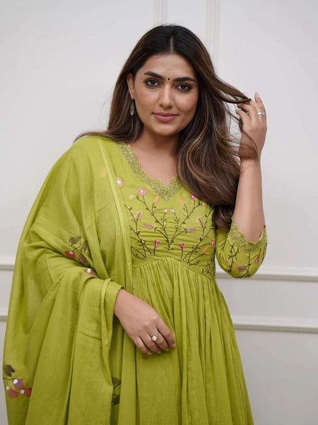Women's Parrot Green Cotton Anarkali Kurta Pant Dupatta Set