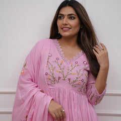 Pink Cotton Anarkali Suit Set with Dupatta