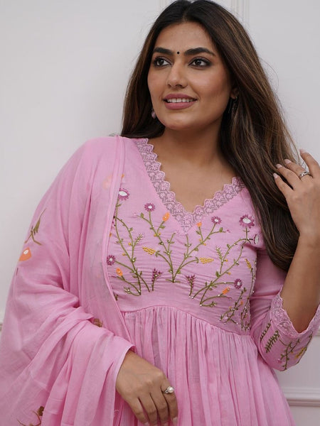 Pink Cotton Anarkali Suit Set with Dupatta