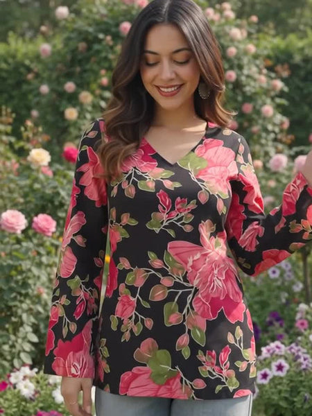 Pink Flower Jaipuri Printed Short Kurti