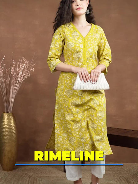 Mustered Rayon Block Print Straight Kurta