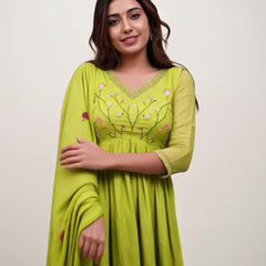 Women's Parrot Green Cotton Anarkali Kurta Pant Dupatta Set