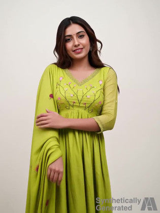 Women's Parrot Green Cotton Anarkali Kurta Pant Dupatta Set