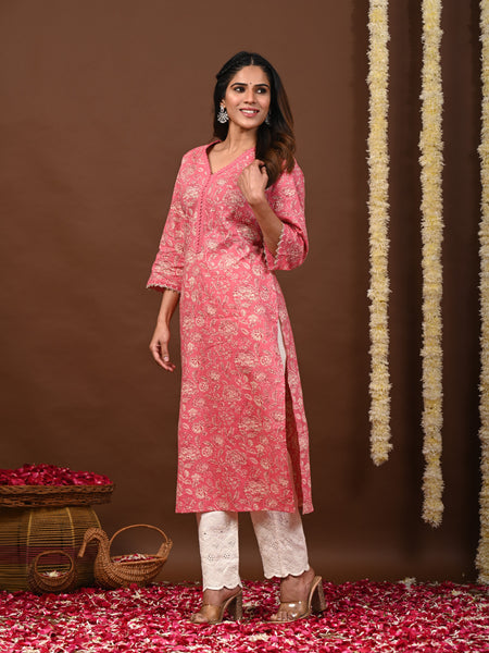 Peach Rayon Printed Kurta