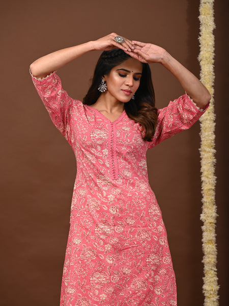 Peach Rayon Printed Kurta