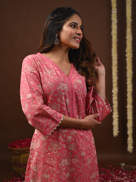 Peach Rayon Printed Kurta