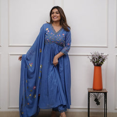 Women Teal Blue Pure Cotton Kurti Pant Dupatta Set