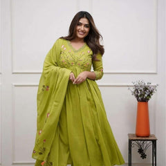 Women's Parrot Green Cotton Anarkali Kurta Pant Dupatta Set