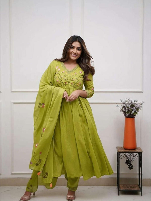 Women's Parrot Green Cotton Anarkali Kurta Pant Dupatta Set