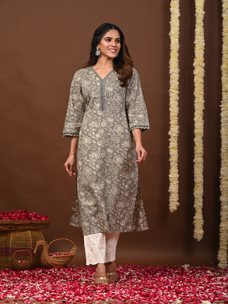 Grey Rayon Jaipuri Printed Kurti