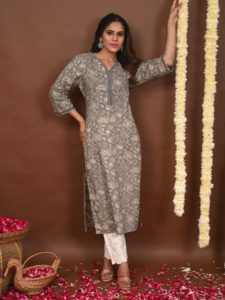 Grey Rayon Jaipuri Printed Kurti