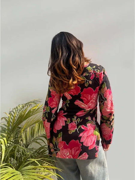 Pink Flower Jaipuri Printed Short Kurti