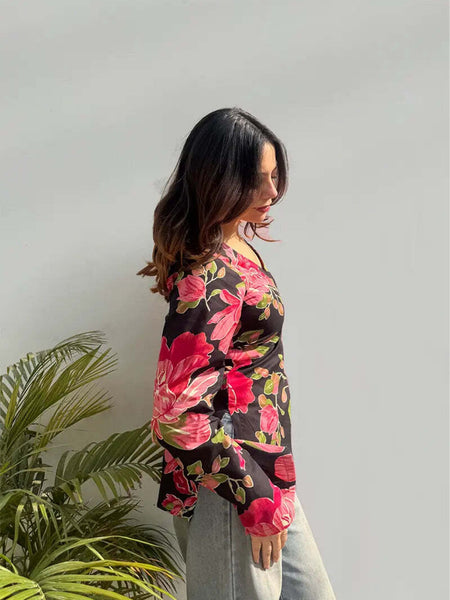 Pink Flower Jaipuri Printed Short Kurti