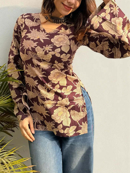 Brown Rayon Printed Short Kurti