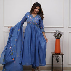 Women Teal Blue Pure Cotton Kurti Pant Dupatta Set