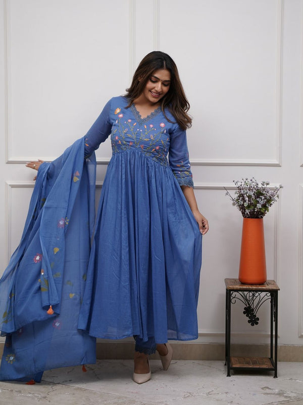 Women Teal Blue Pure Cotton Kurti Pant Dupatta Set