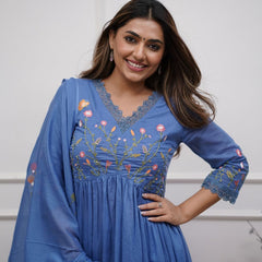 Women Teal Blue Pure Cotton Kurti Pant Dupatta Set