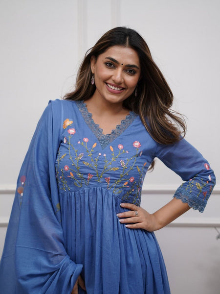 Women Teal Blue Pure Cotton Kurti Pant Dupatta Set