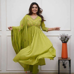 Women's Parrot Green Cotton Anarkali Kurta Pant Dupatta Set