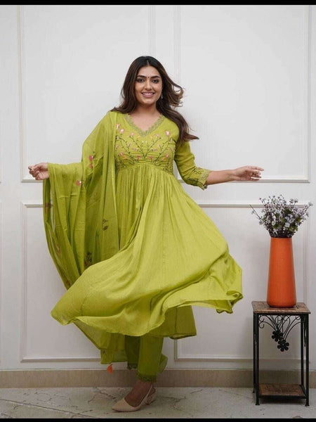 Women's Parrot Green Cotton Anarkali Kurta Pant Dupatta Set