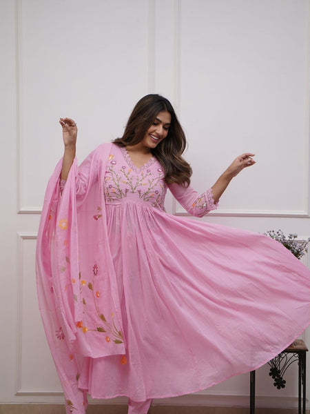 Pink Cotton Anarkali Suit Set with Dupatta