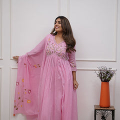 Pink Cotton Anarkali Suit Set with Dupatta
