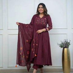 Pure Cotton Wine Kurti Pant Dupatta Set