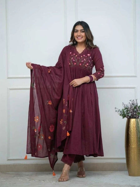 Pure Cotton Wine Kurti Pant Dupatta Set