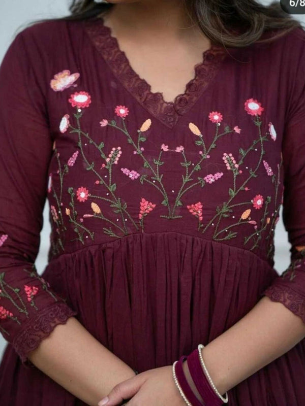 Pure Cotton Wine Kurti Pant Dupatta Set